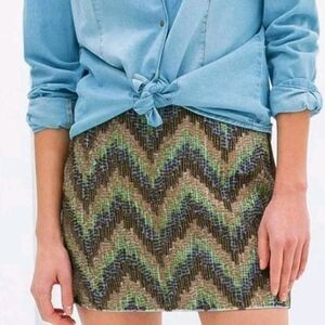 Trafaluc Brown Sequins And Beaded Y2K  Chevron Micro Mini Skirt